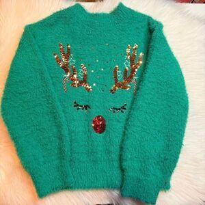Crown & Ivy Girls Reindeer Fuzzy Sweater Christmas Holiday Size 5 Preowned